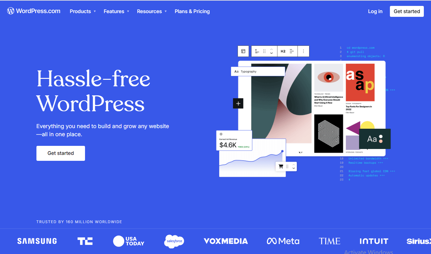 WordPress.com homepage highlighting powerful publishing tools and customizable themes, positioning it as one of the best blogging platforms for creators and businesses.