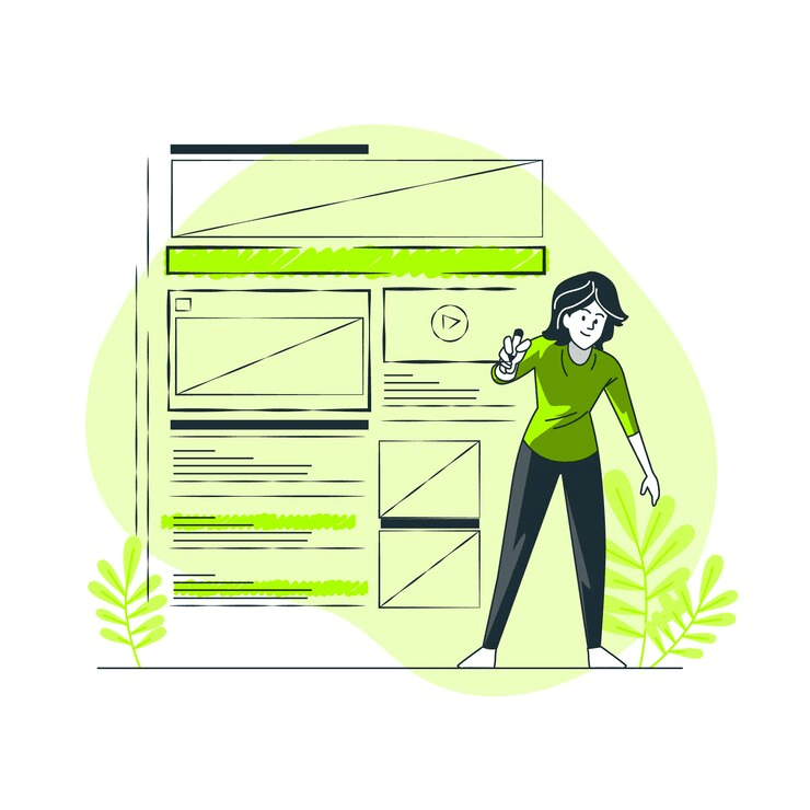 Illustration of a female designer planning a website layout structure, symbolizing a visual step in a website redesign checklist.