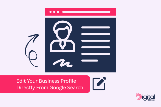 Illustration of a business profile webpage with user icon and text lines, accompanied by a pencil edit icon and text reading 'Edit Your Business Profile Directly From Google Search'.